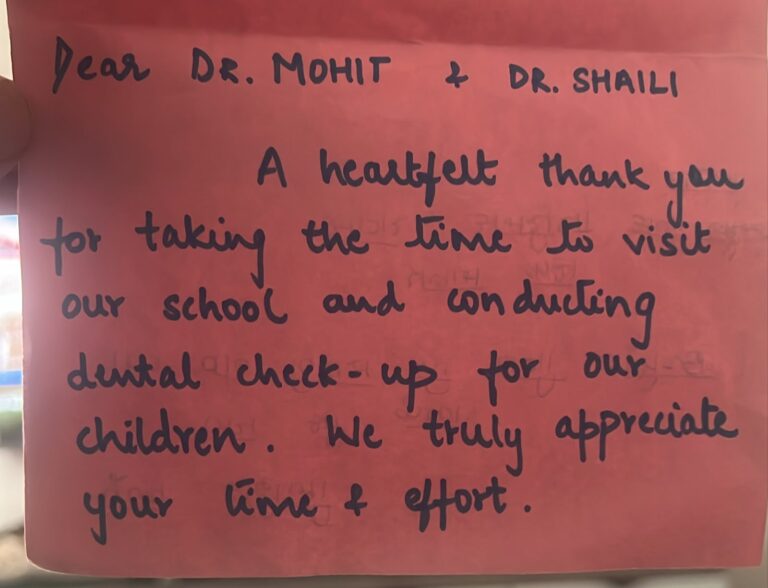Handwritten thank-you card from Arya Vidya Mandir, Bandra West, to Dr. Mohit Bodhwani and Dr. Shaili Shah Bodhwani for the school dental check-up camp
