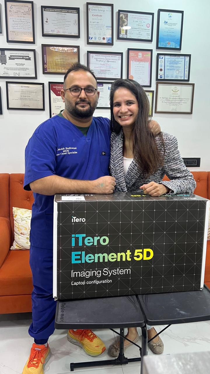 Dr. Mohit Bodhwani and Dr. Shaili Shah Bodhwani with their iTero Element 5D imaging system at The Smile Makers, Khar West, Mumbai