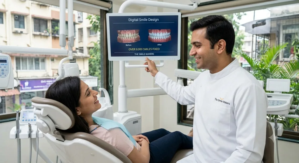Dentist showing a dental scan on a screen to a patient in the chair
