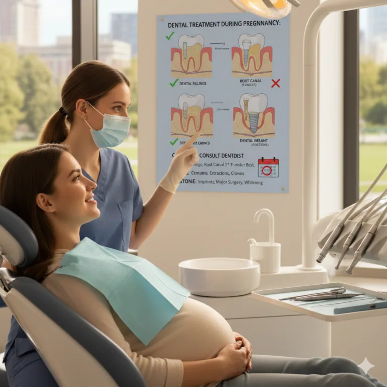 Pregnant woman in a dental chair while a dental professional explains treatment