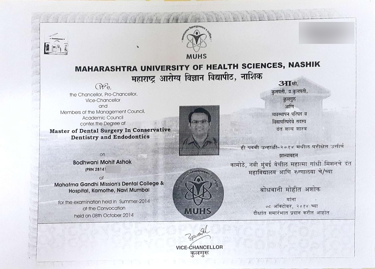 MDS degree certificate of Dr. Mohit Bodhwani in Conservative Dentistry and Endodontics, Maharashtra University of Health Sciences, 2014