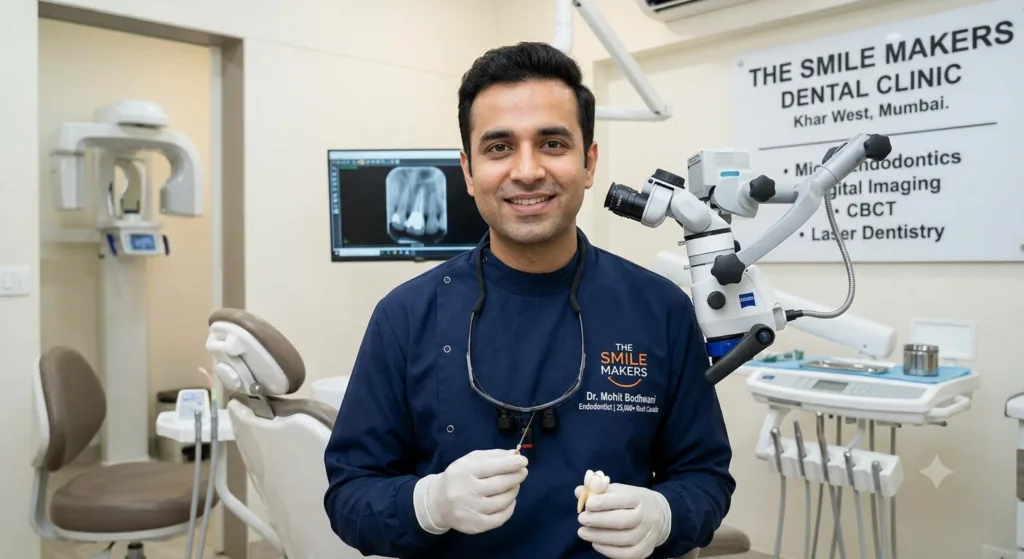 Dentist in navy scrubs holding a dental mirror in a modern clinic