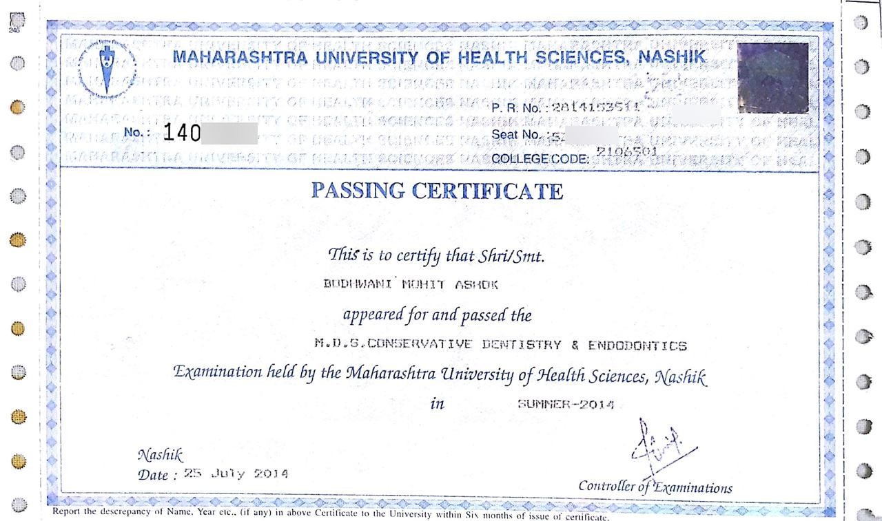MDS passing certificate of Dr. Mohit Bodhwani, Maharashtra University of Health Sciences, Nashik, Summer 2014