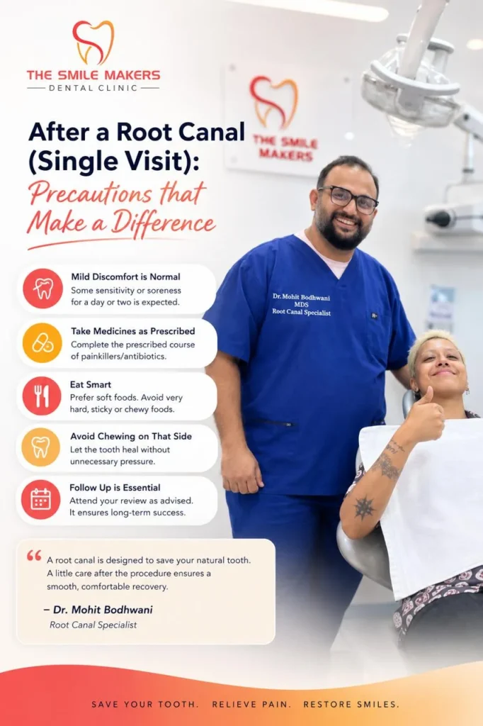 Root canal aftercare tips infographic by Dr. Mohit Bodhwani, The Smile Makers Dental Clinic