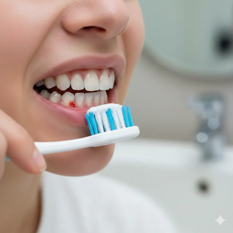 Person with bleeding gums while brushing teeth