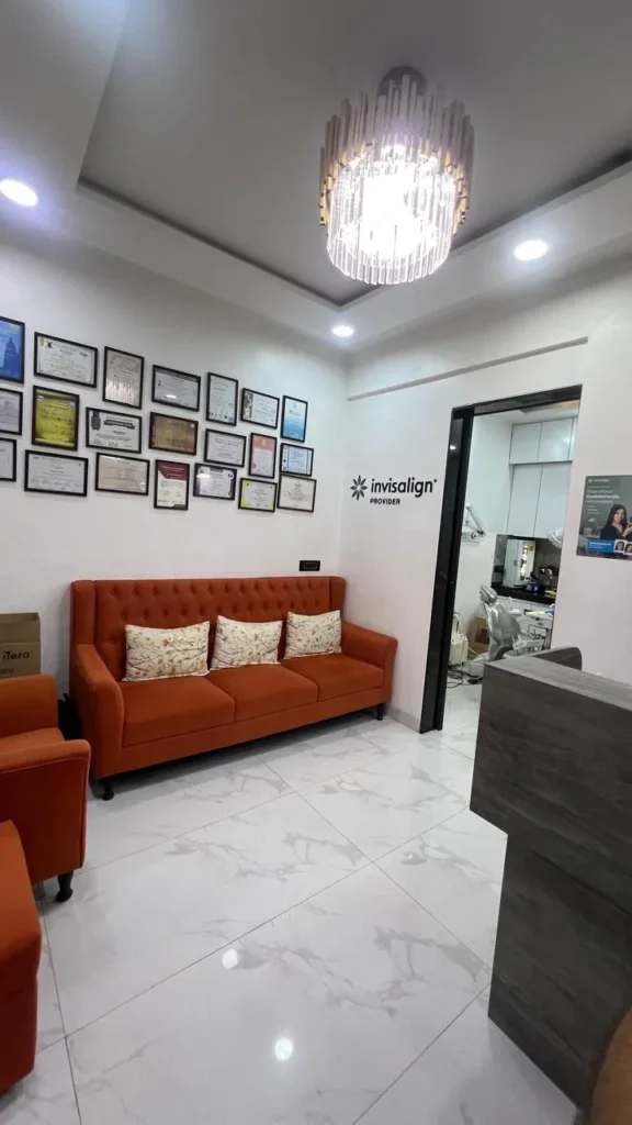 Reception and waiting area of The Smile Makers Dental Clinic in Khar West, Mumbai
