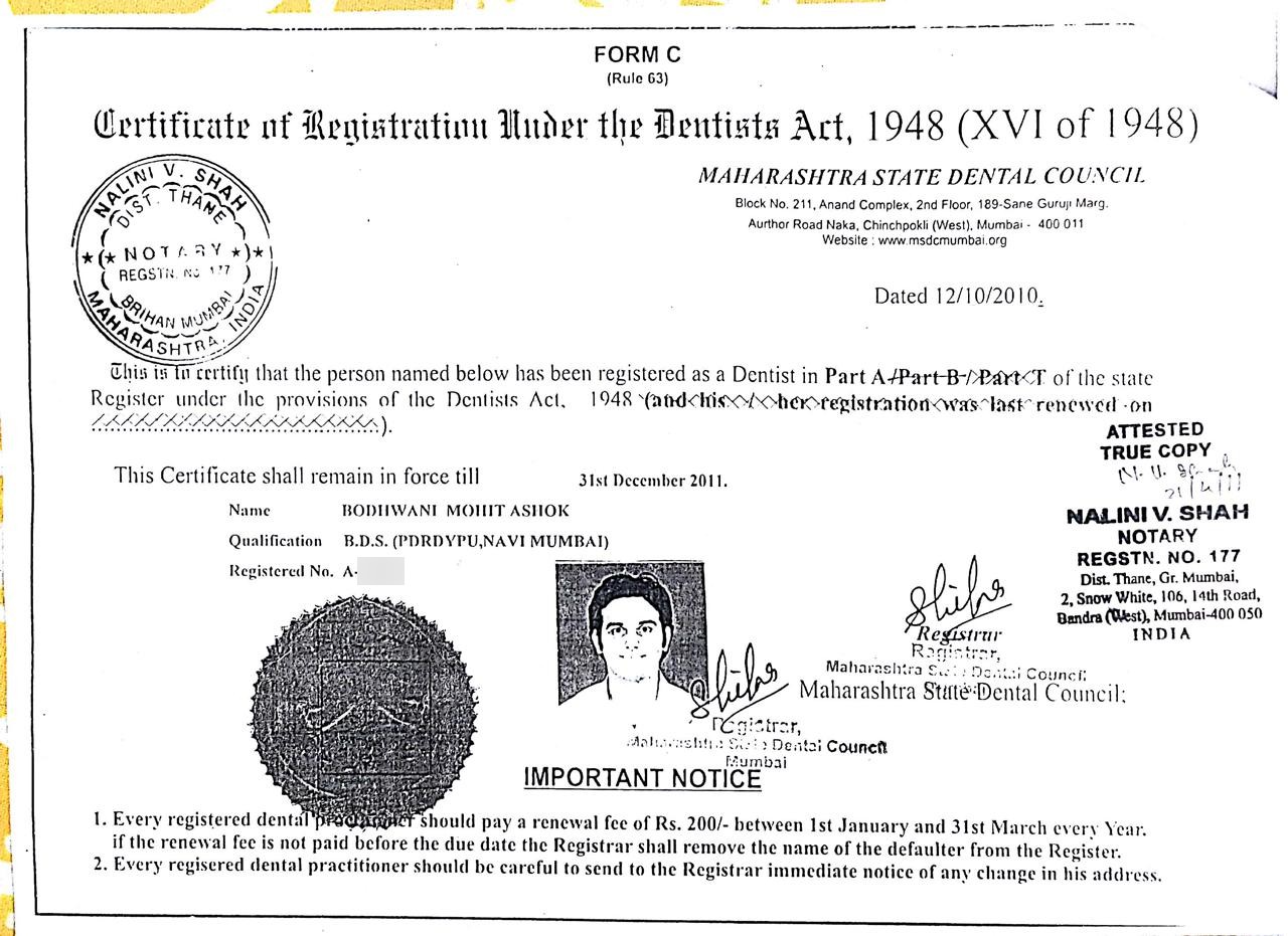 Certificate of Registration under the Dentists Act 1948, Maharashtra State Dental Council, issued to Dr. Mohit Bodhwani, BDS, in 2010