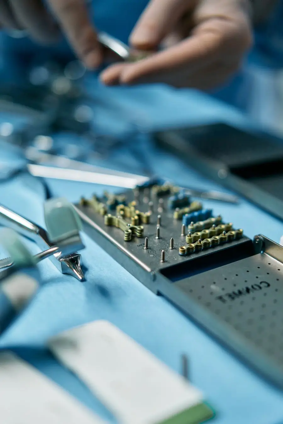 Dental implant surgery instruments on a tray